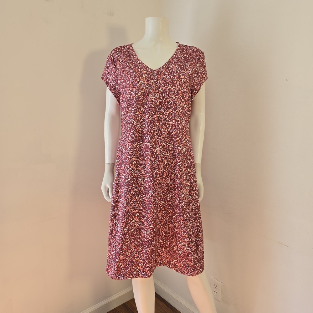L.L. Bean V-Neck Zip Pocket Dress Pink Floral Short Sleeve Size XL Stretch Women